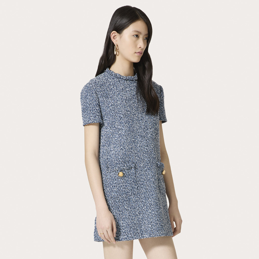 Women's Spring And Summer Fashion Tweed Round Neck Dress Buttons Fit Casual Elegant Short-sleeved Dresses Ngvp #8938