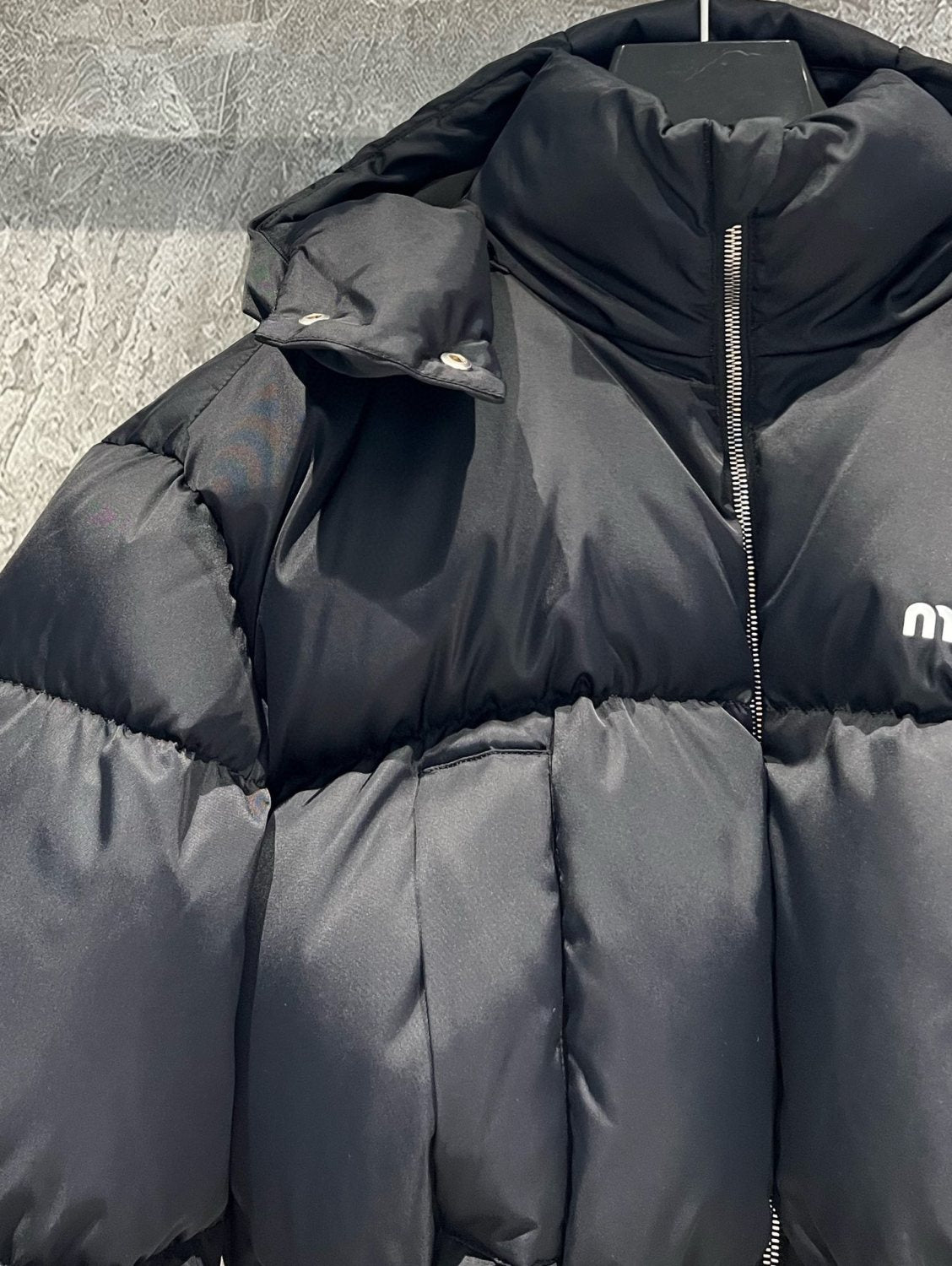 Women's Fall and Winter Black Logo Printed Fluffy Shorts Down Hooded Zipper Long Sleeve Jacket #72333