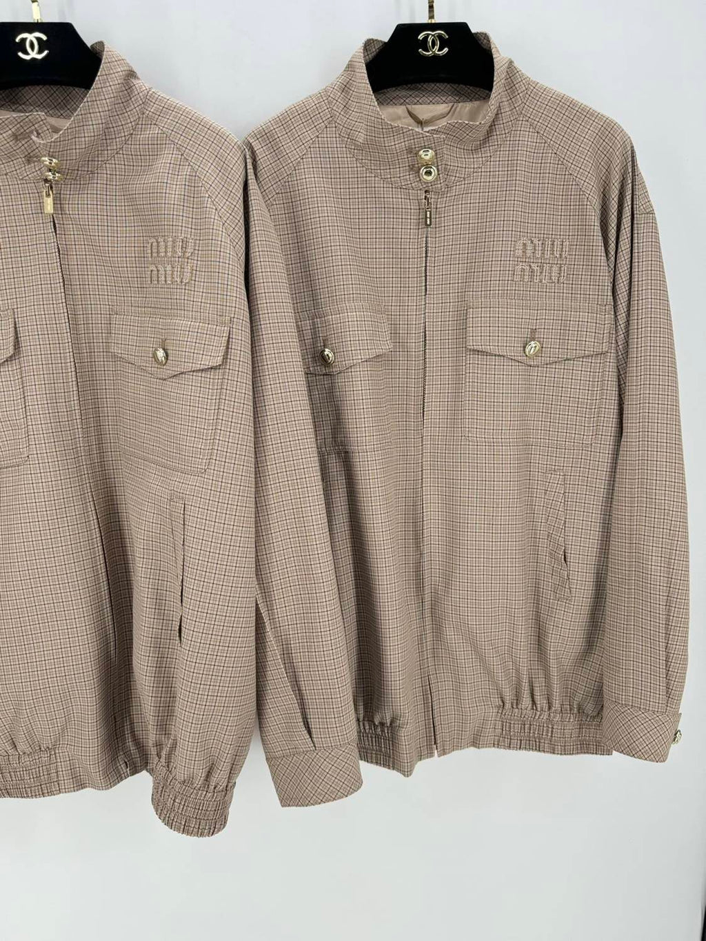 Women's Spring and Autumn Plaid Embroidery Logo Letter Standing Collar Waistband Zipper Long Sleeve Jacket #72865