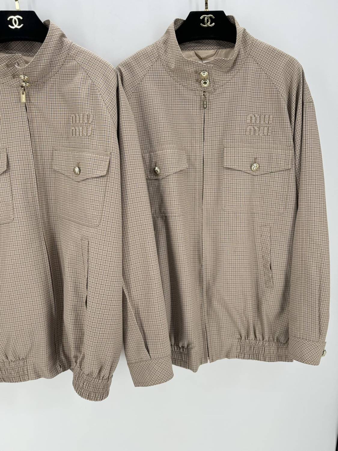 Women's Spring and Autumn Plaid Embroidery Logo Letter Standing Collar Waistband Zipper Long Sleeve Jacket #72865