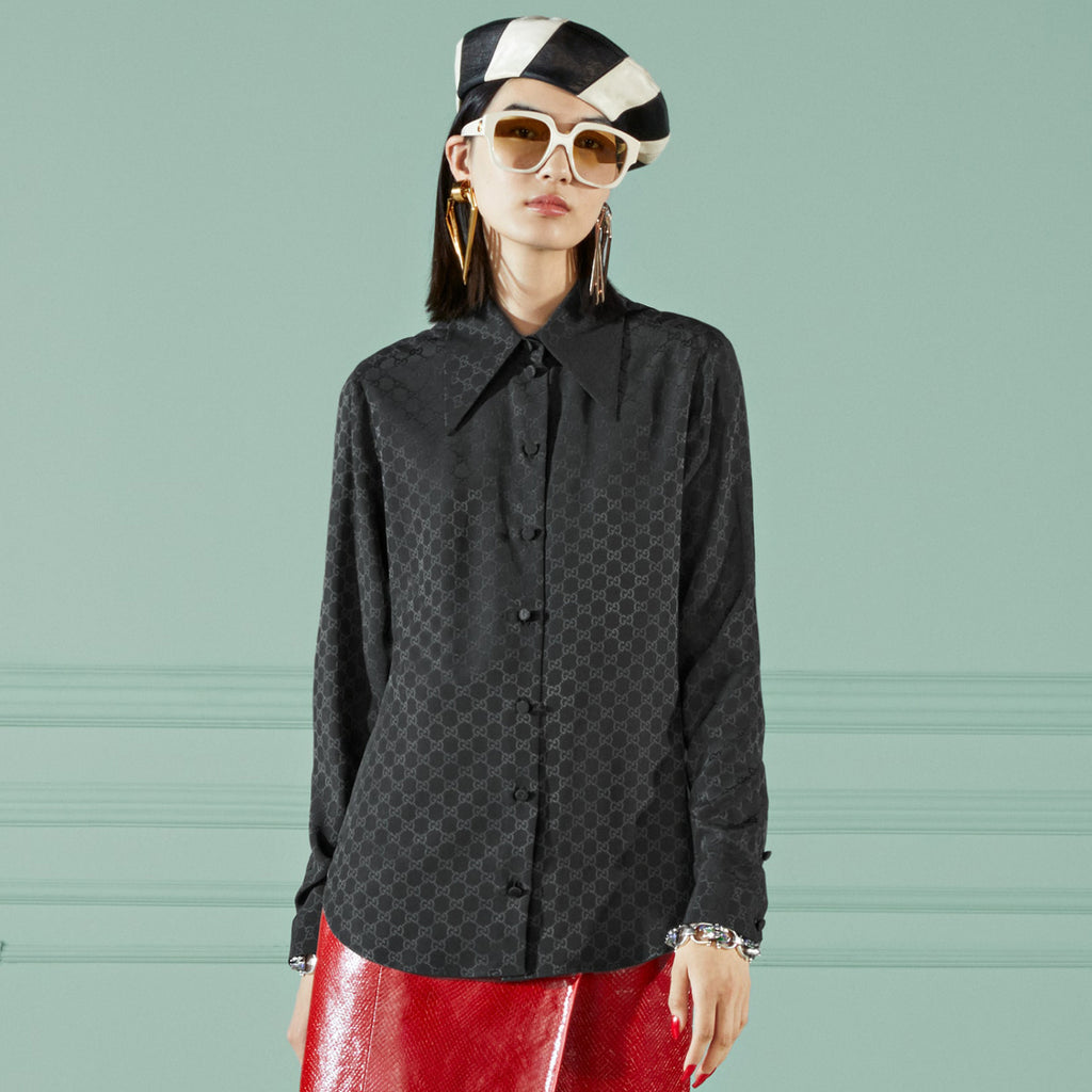 Women's Summer Solid Color Logo Jacquard Full Print Single Breasted Long Sleeve Shirt #72373