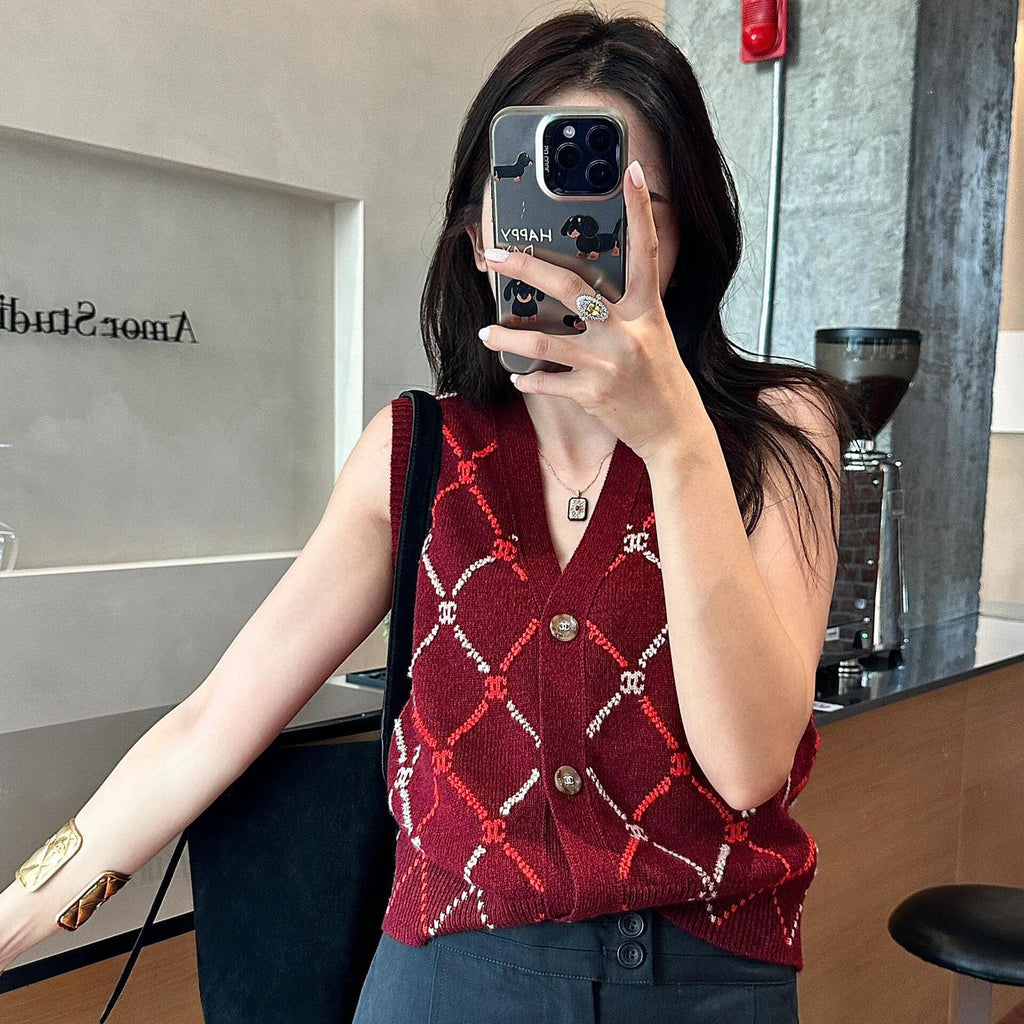 Women's Spring and Autumn Plaid Cashmere Crochet Two-color Knit Single-breasted Vest Jacket #73197