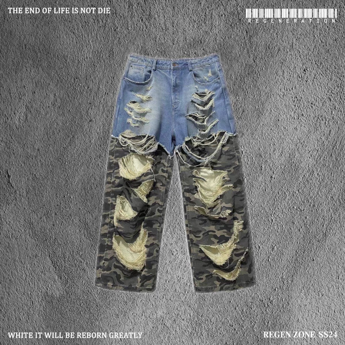 REGEN ZONE Men's Four Seasons Fashion Washed Camouflage Denim Patchwork Destroyed Casual Pants Ngvp #8175