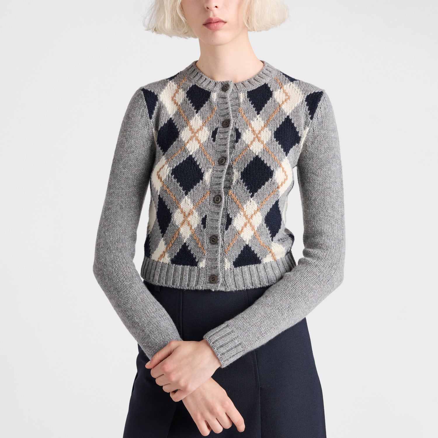 Women's Spring/Fall Round Neck Single-Button Diamond-Pattern Cashmere Knit Cardigan with Letter Embroidery Long Sleeve Cropped Cardigan #78839