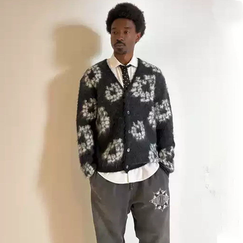 Denim Tears X Saint Michael Men's Vintage Black And White Kapok Wool Knit Sweater Fashion Casual Mohair Cardigan Single Breasted Knitted Jacket Ngvp #9824