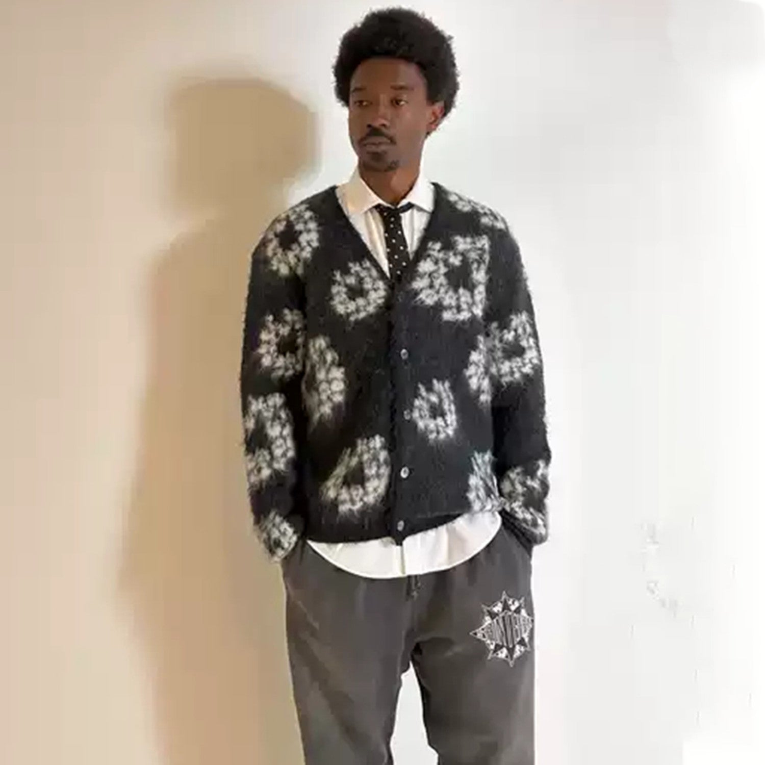 Denim Tears X Saint Michael Men's Vintage Black And White Kapok Wool Knit Sweater Fashion Casual Mohair Cardigan Single Breasted Knitted Jacket Ngvp #9824