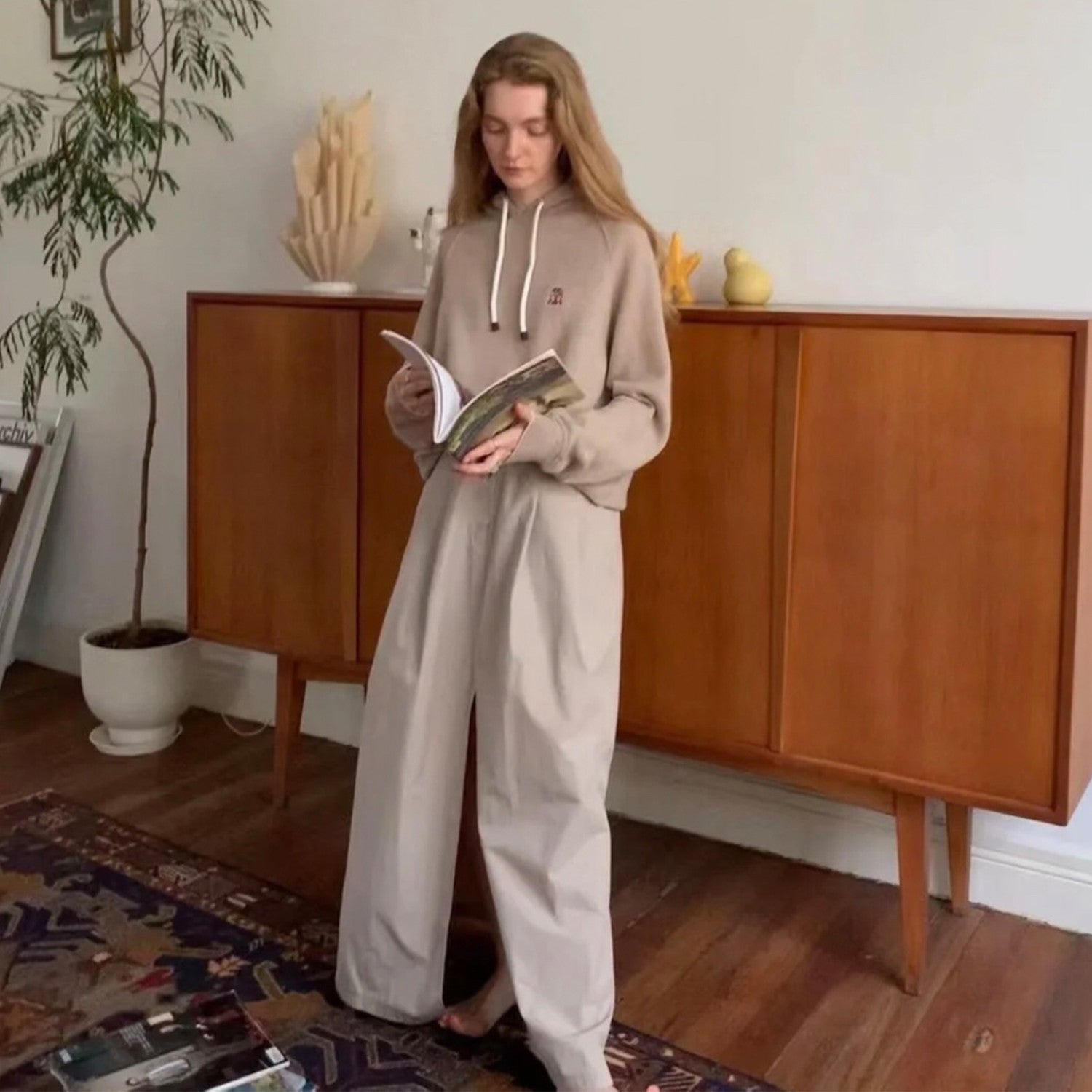 Women's Winter Solid Colours Embroidered Cashmere Loose Hooded Sweatshirt Knitted Drawstring Lounge Pants Two Piece Cashmere Set #71686