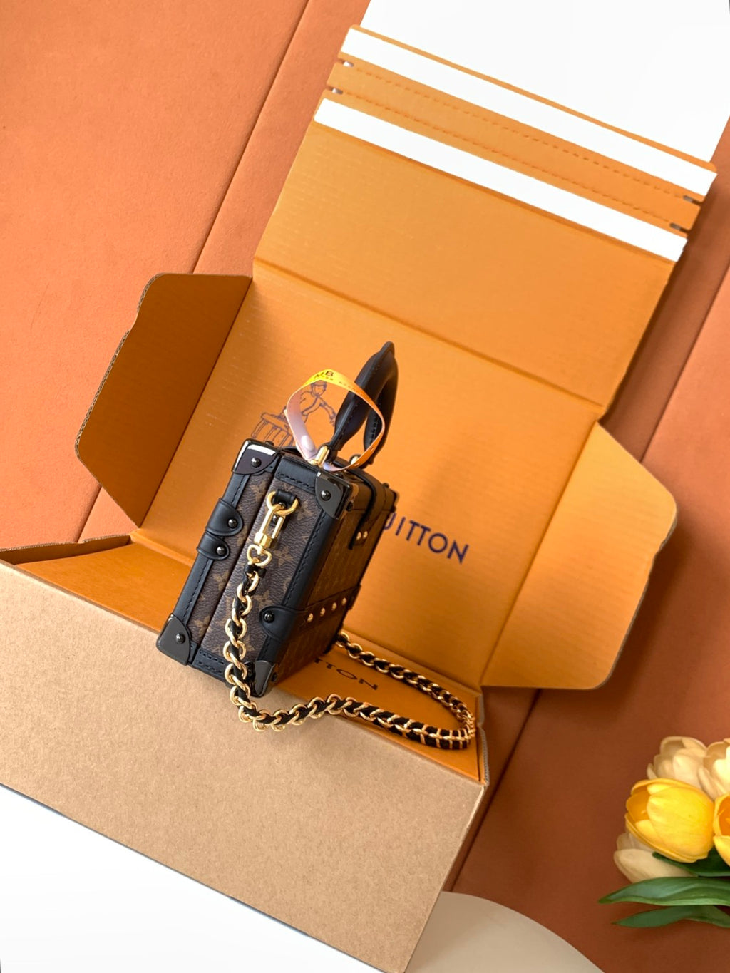 PETITE MALLE Women's Brown Letter Print Removable Adjustable Simple Magnetic Clasp Canvas and Leather Trim Box Bag Handbag Shoulder Bags #77526