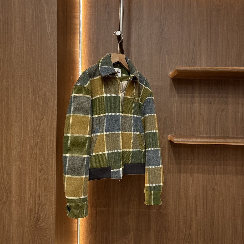 Women's Classic Checkered Pattern Short Jacket Fashionable Retro Color-Block Collar Zipper Jacket #193778