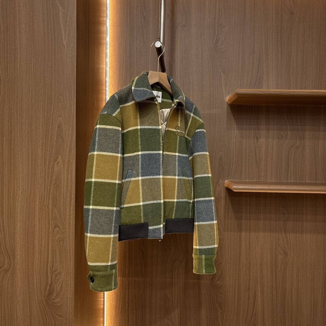 Women's Classic Checkered Pattern Short Jacket Fashionable Retro Color-Block Collar Zipper Jacket #193778