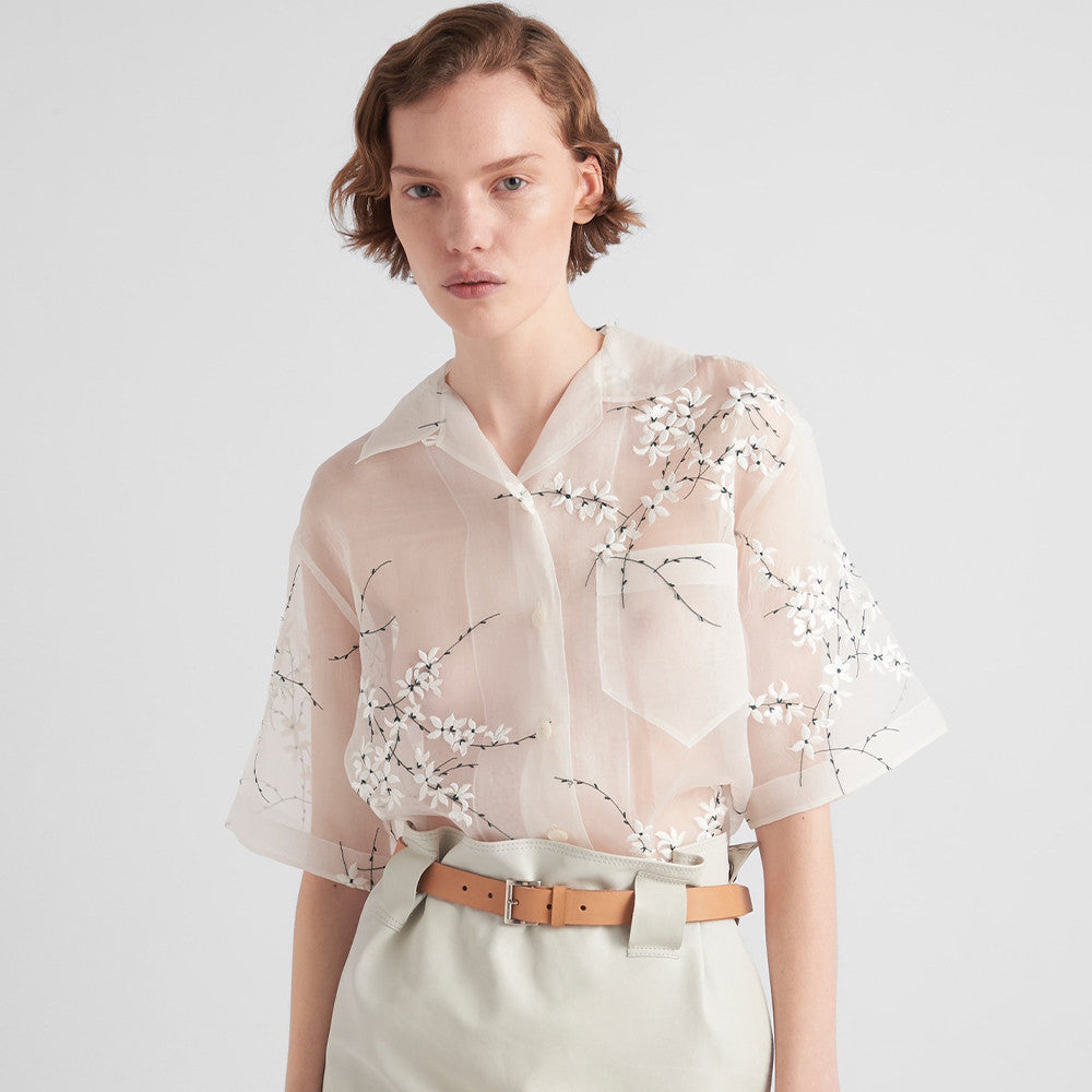 Women's Summer Floral Embroidery Lapel Loose Suspender Short Sleeve Two Piece Shirt Ngvp #8758