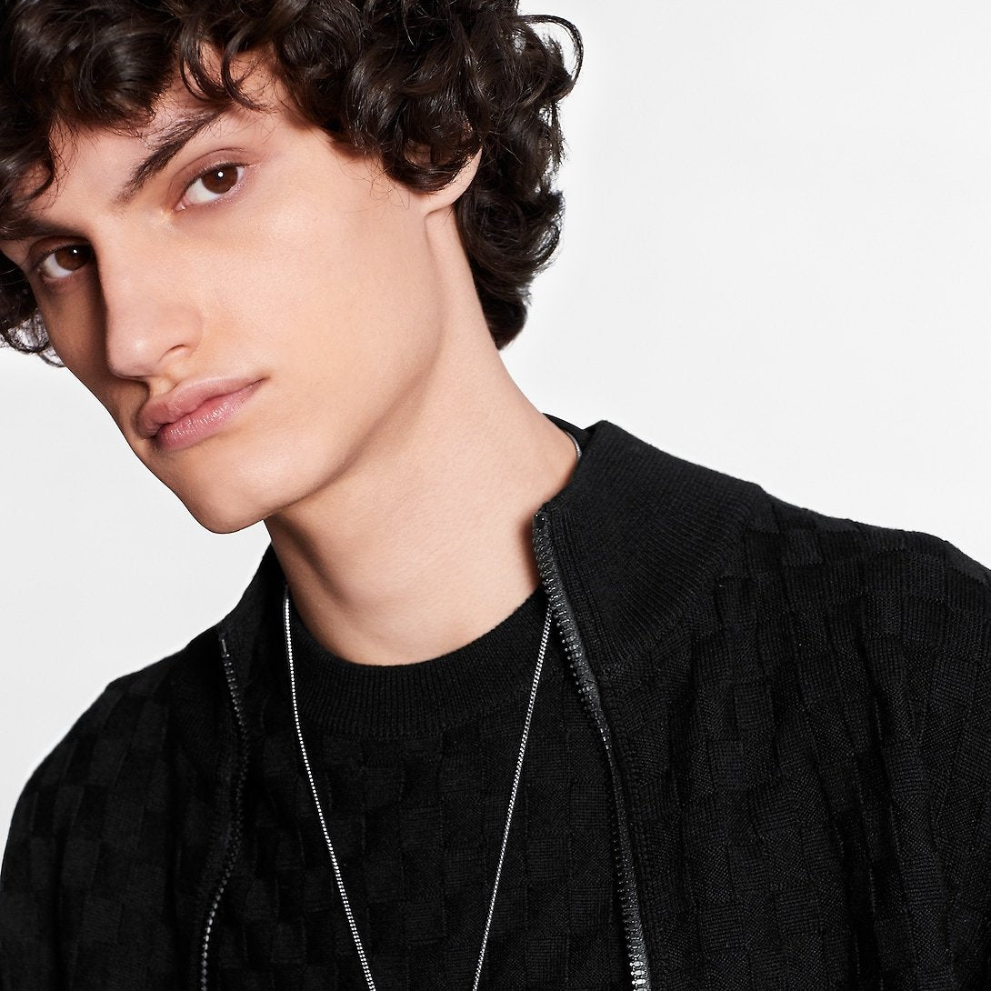 Men's Autumn And Winter Solid Color DAMIER Plaid Knit Zipper Standing Collar Wool Cardigan Long Sleeve Jacket Ngvp #9382