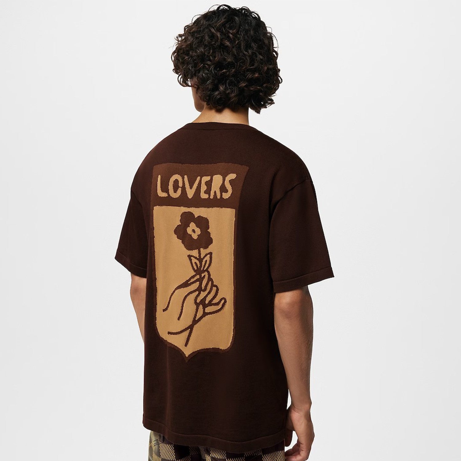 Men's Summer Brown Casual Short Sleeve Cotton Loose Intarsia Crewneck T-shirt #98224