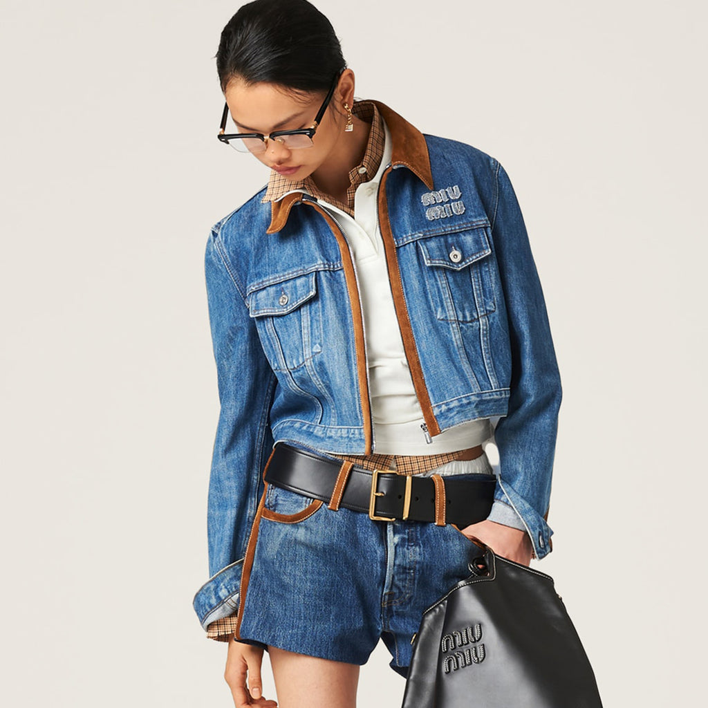 Women's Upcycled Spring And Fall Tannin Short Denim Jacket Colorblocking Slim Washed Cotton Casual Single Breasted Jacket #72322