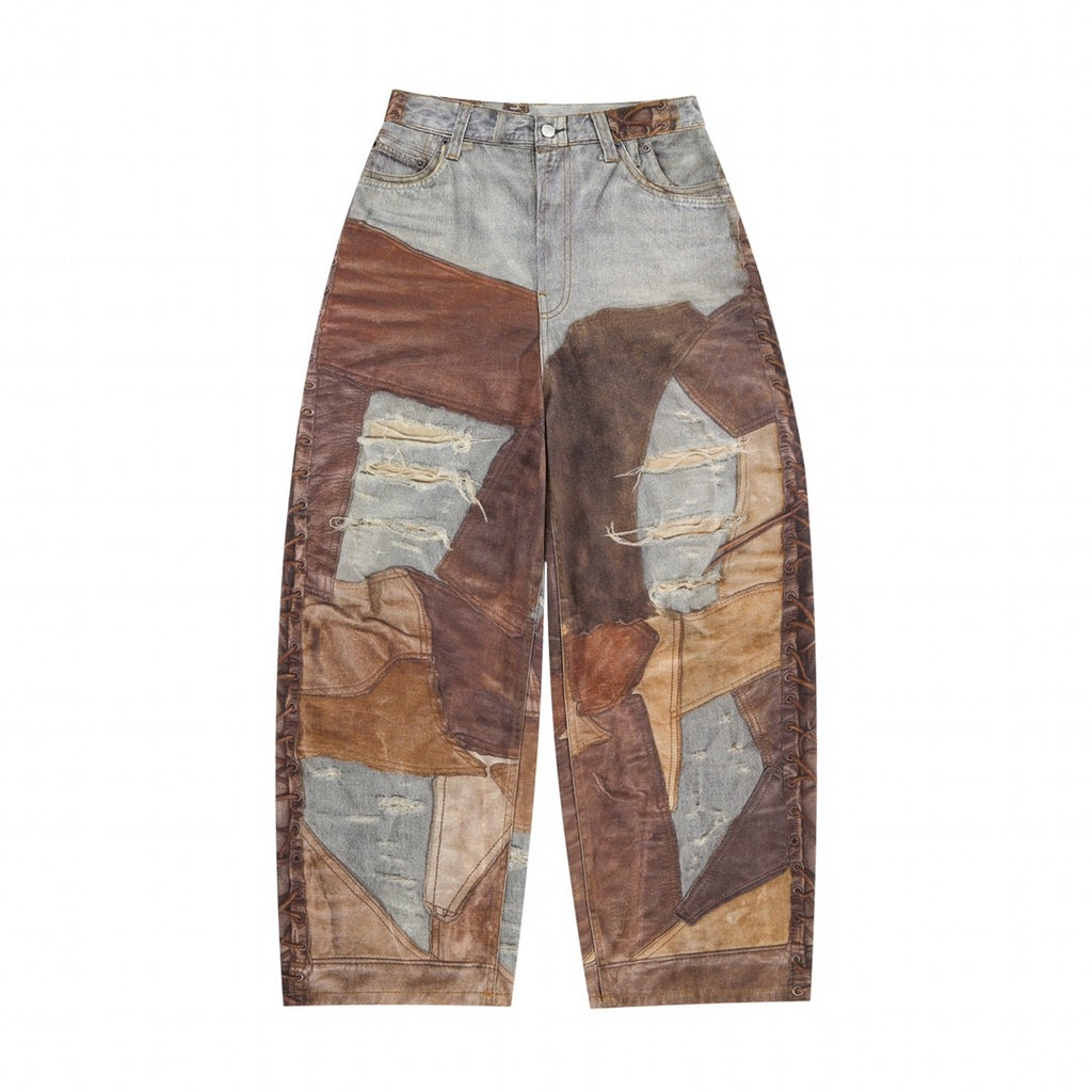 Men's Four Seasons Vintage Mud Dye Spliced Printed Loose Cotton Mid Waist Wide Leg Denim Pants Ngvp #8369