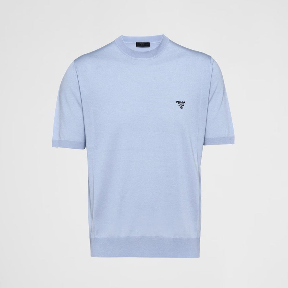 Men's Spring/Summer Solid Color Logo Embroidery Superfine Wool Crew Neck Short Sleeve Sweater #98319