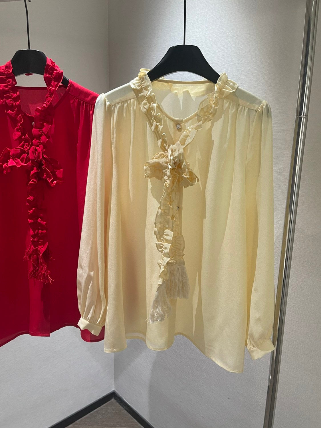 Women's Summer Solid Color Long Sleeved Bow Flutter Silk Single Breasted Shirt #74765