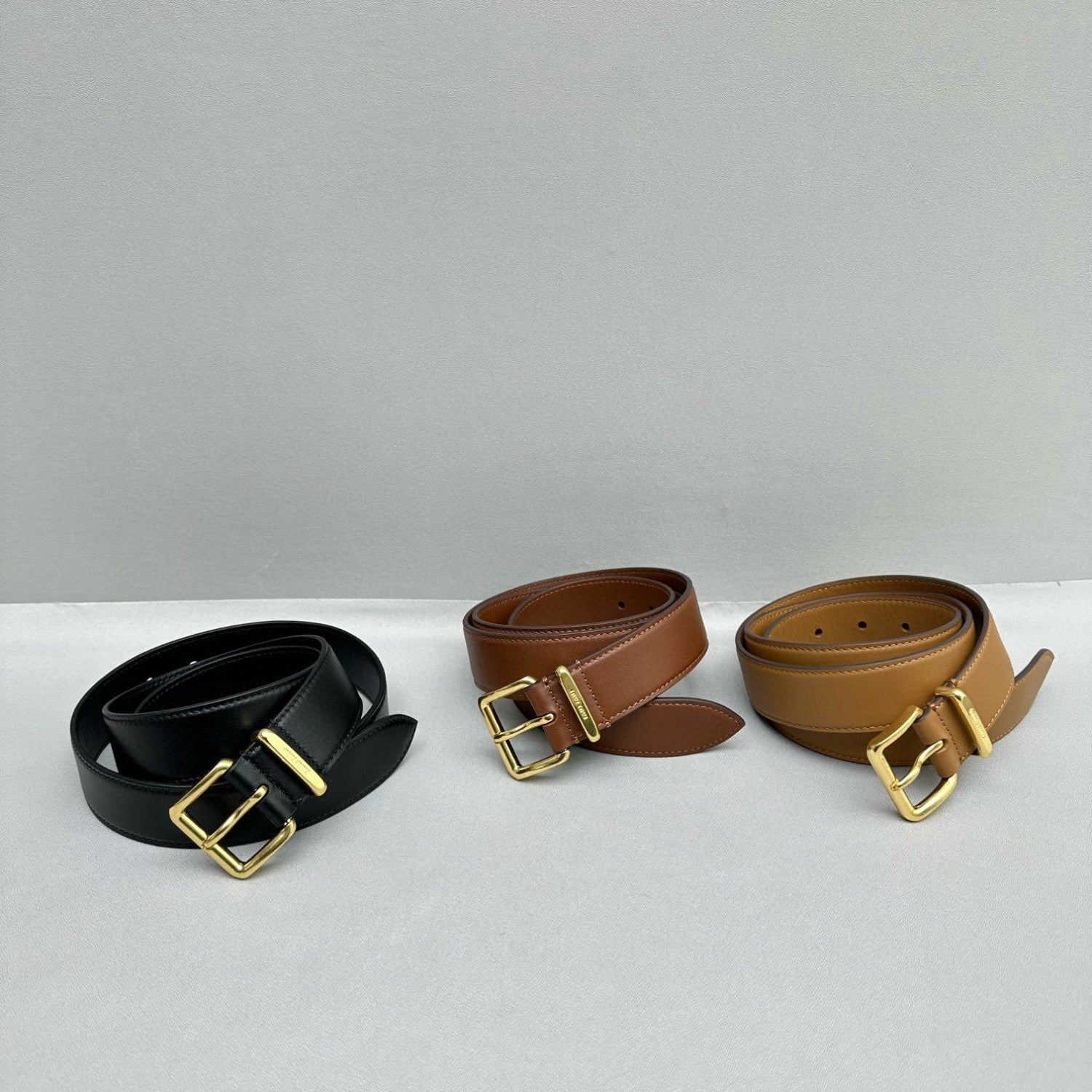 Women's Solid Colour Cowhide Logo Belt with Metal Buckle #97594