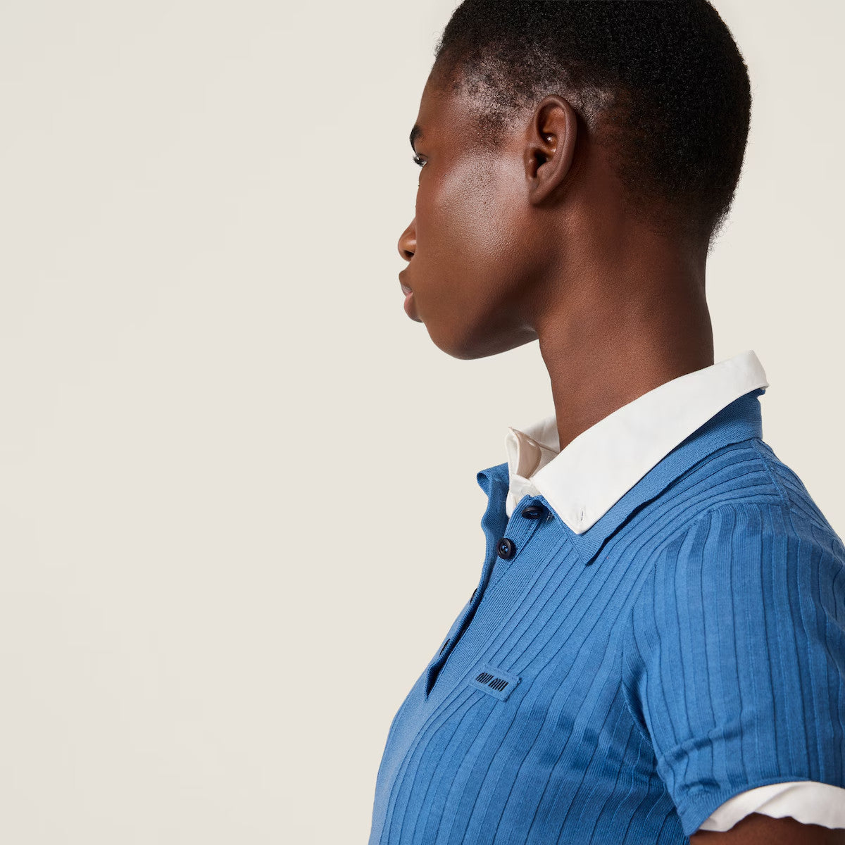 Women's Spring/Summer Pilot-Style Blue Ribbed Knit Wool Polo Shirt Fashionable Casual Cropped Slim-Fit T-Shirt #194406