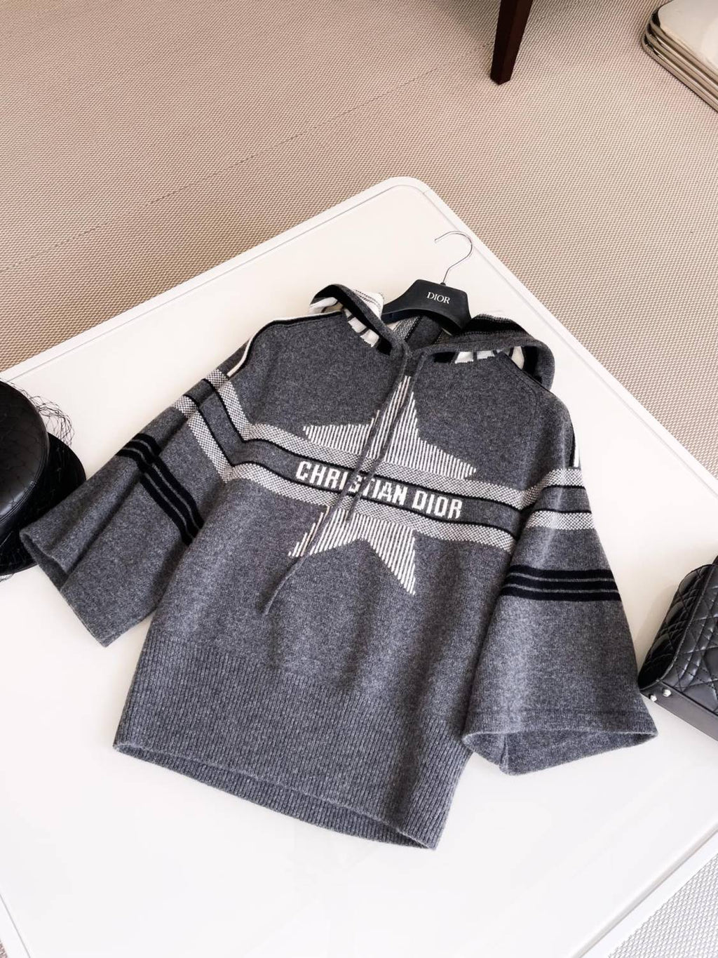 Women's Spring and Autumn Letter Printed Drawstring Hooded Seven Sleeve Cashmere Sweater #74636