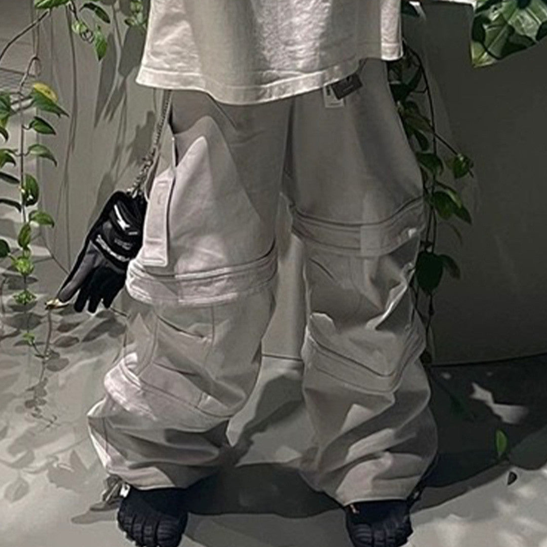 Far archive Men's Multi-Pocket Mid Waist Zipper Loose Straight Casual White Workwear Wide Leg Far Pants Ngvp #7739