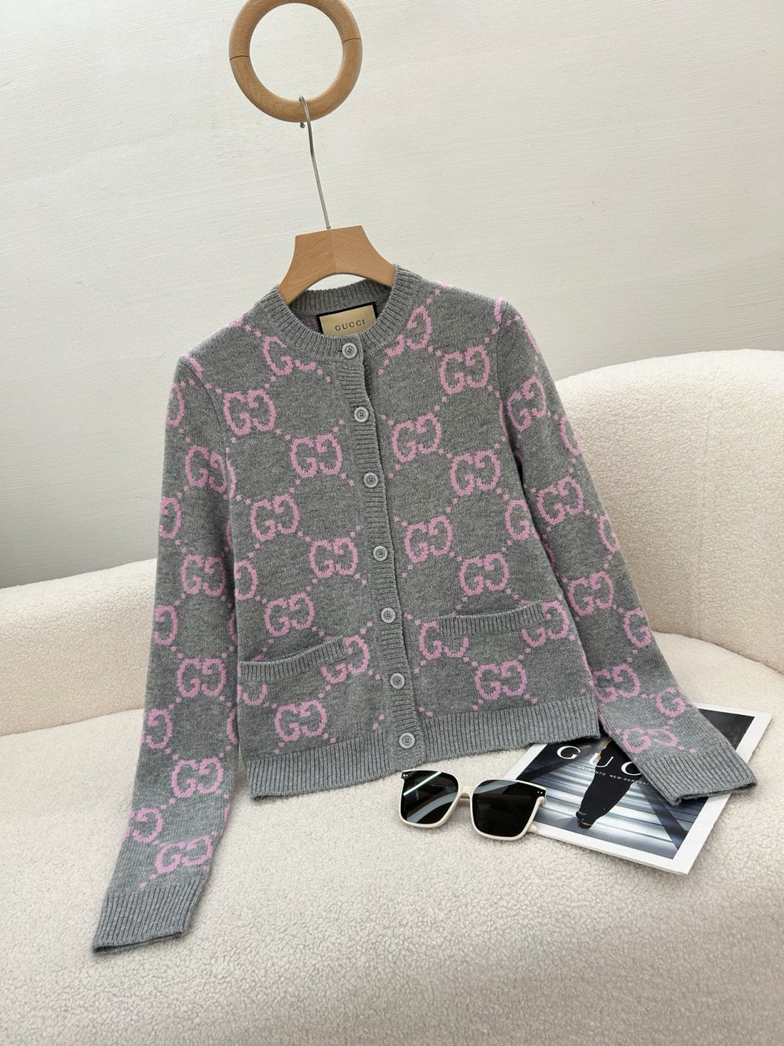 Women's Fall And Winter Double G Knit Round Neck Single Breasted Long Sleeved Jacket Sweater #75289