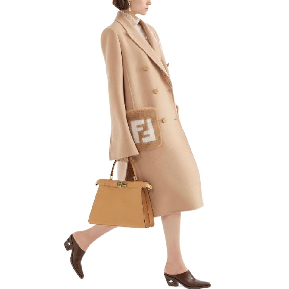 Women's Autumn And Winter Solid Color Splicing Double Breasted Medium Length Wool Long Sleeved Coat Jacket #72647