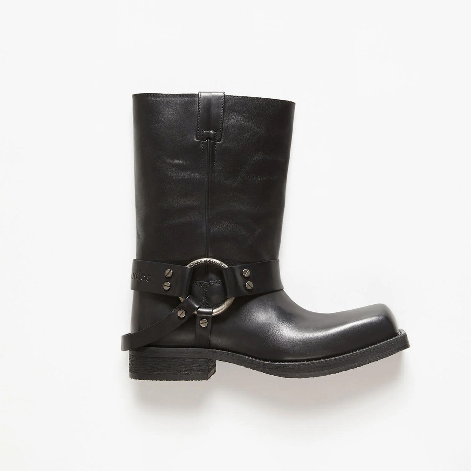 Acne Studios Women's Fashion Overlay Leather Buckle Boots Solid Color Casual Round Toe Boots Ngvp #9275