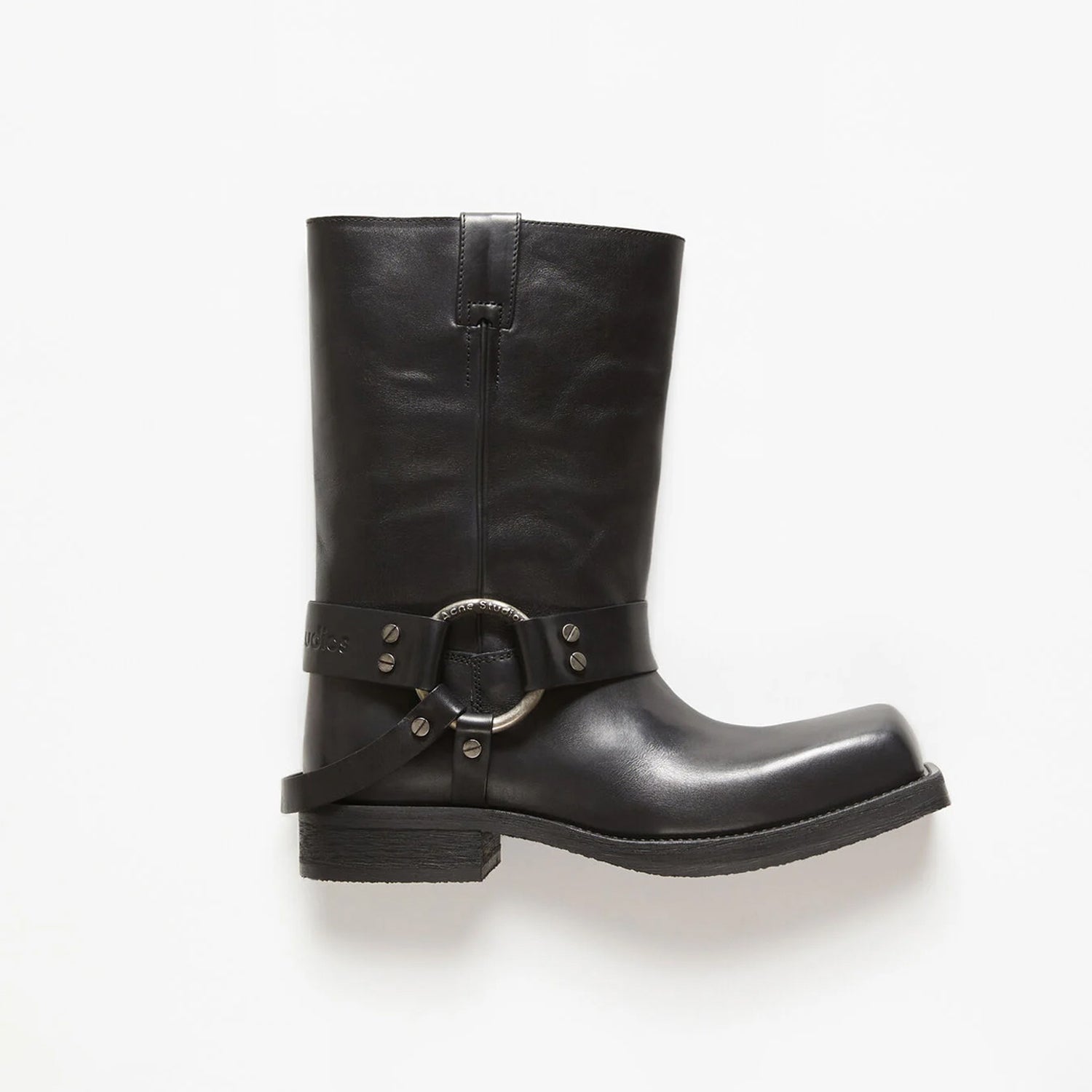 Acne Studios Women's Fashion Overlay Leather Buckle Boots Solid Color Casual Round Toe Boots Ngvp #9275