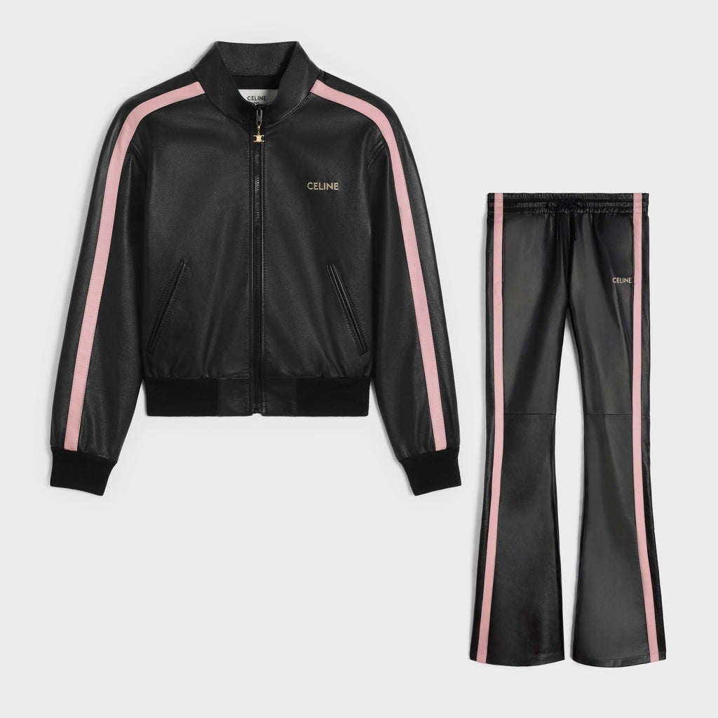 Women's Spring and Autumn Alphabet Logo Printed Striped High Neck Zipper Leather Jacket Elastic Low Waist Pants Suit Set #72526