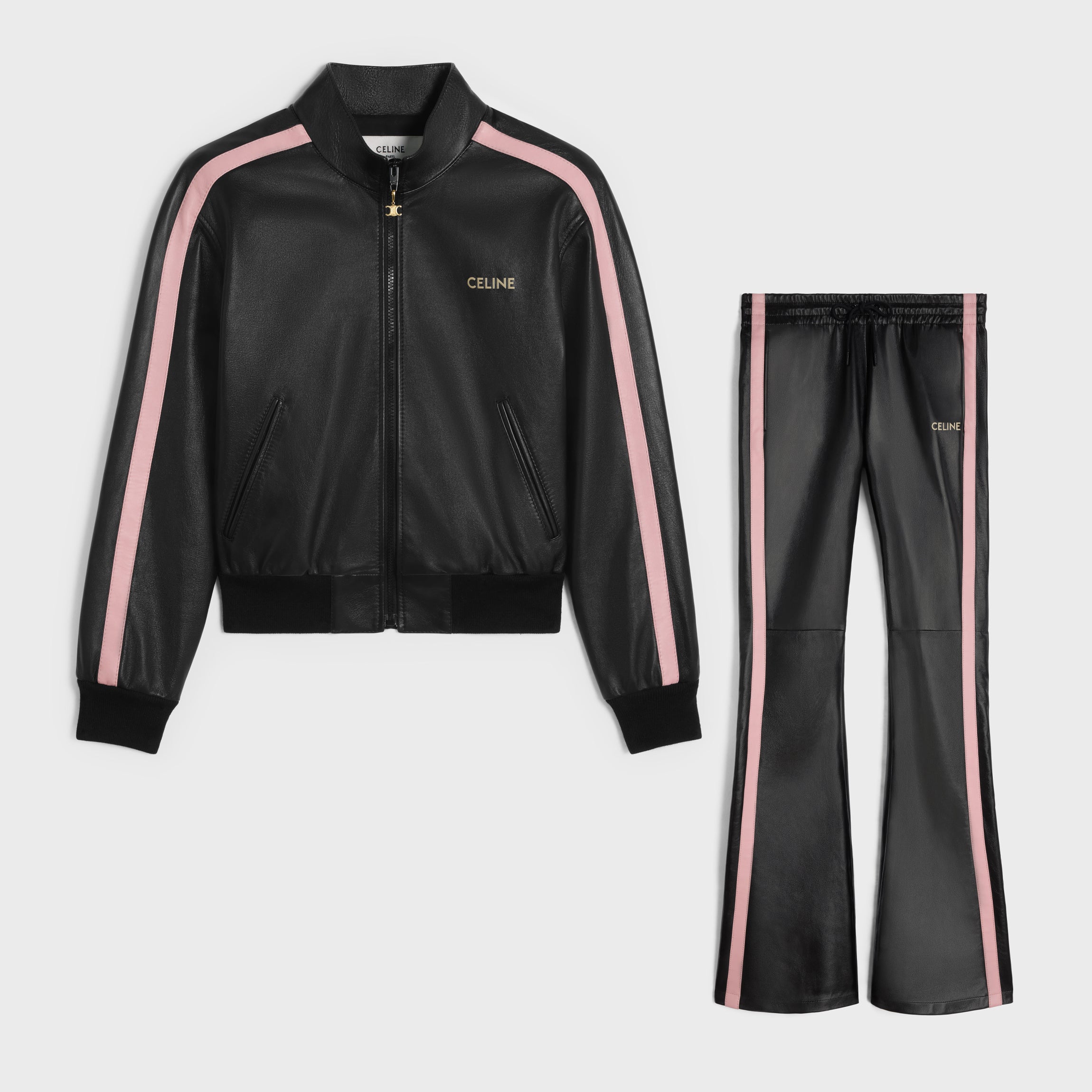 Women's Spring and Autumn Alphabet Logo Printed Striped High Neck Zipper Leather Jacket Elastic Low Waist Pants Suit Set #72526