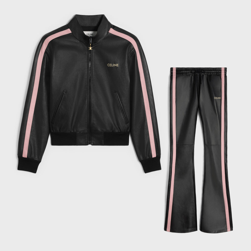 Women's Spring and Autumn Alphabet Logo Printed Striped High Neck Zipper Leather Jacket Elastic Low Waist Pants Suit Set #72526