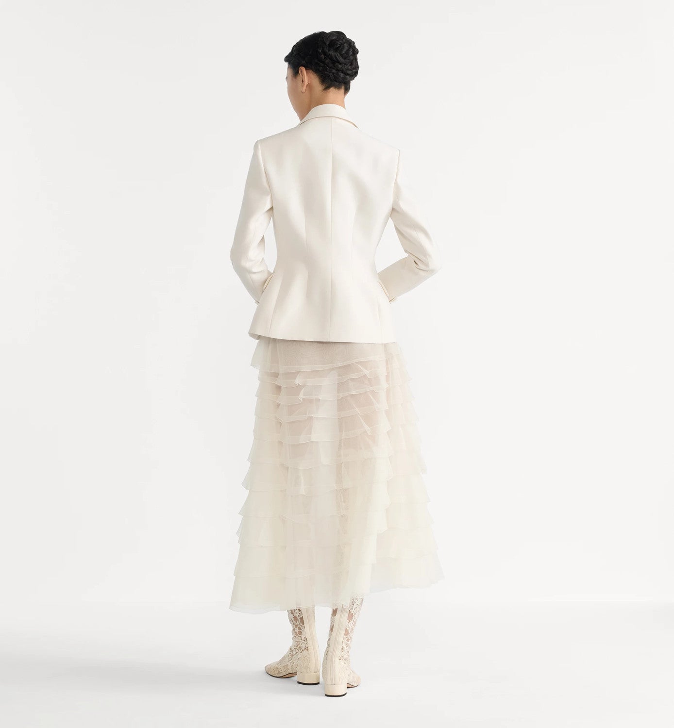 Women's Spring/summer Organza Ruffled Midi Skirt Black & White Solid Color Fashionable Elegant Delicate Skirt #82137A