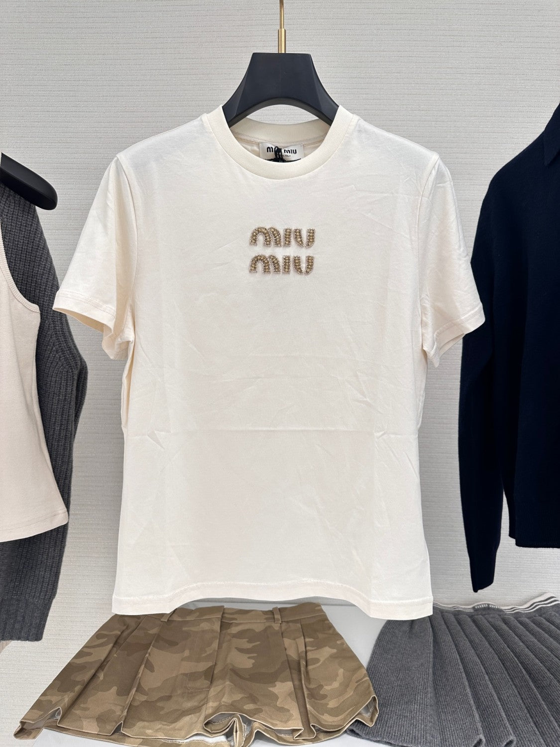 Women's Summer Solid Color Embroidery Beaded Letter Print Round Neck Short Sleeve T-Shirt #75117