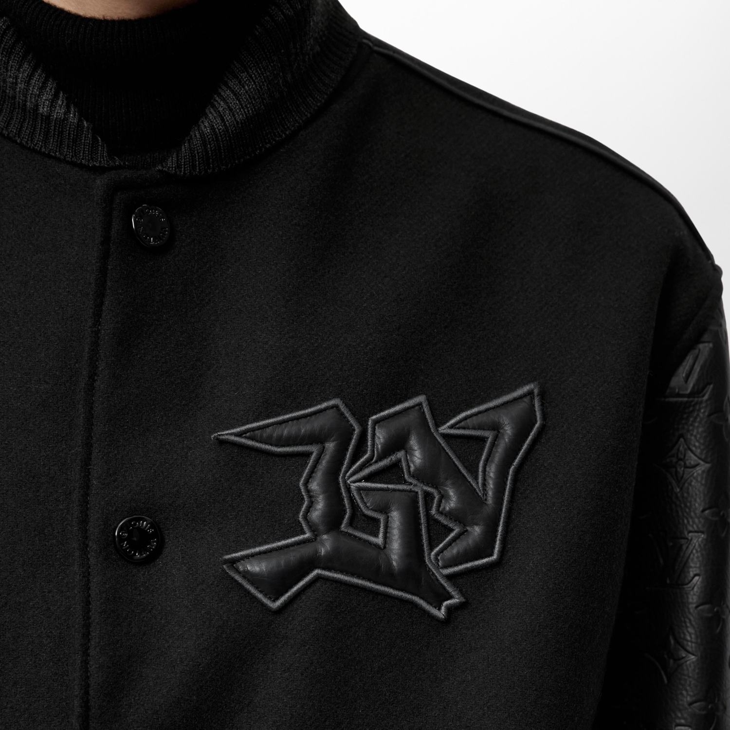 Men's Fall/winter Monogram Embossed Leather Drawstring Jacket Black Abstract Graffiti Logo Jacket Baseball Jersey  #71424