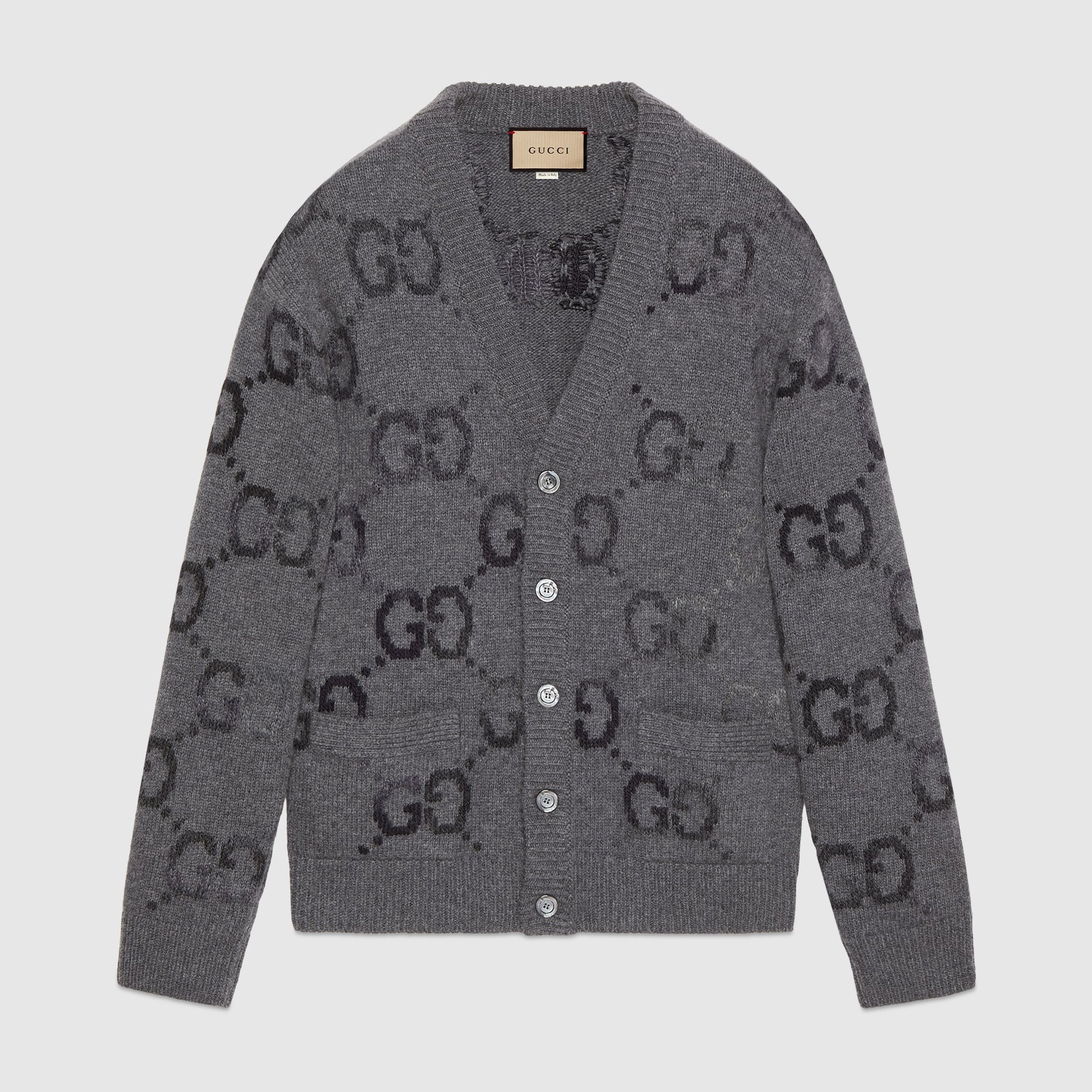 Men's Spring and Autumn Grey Pattern Appliqu¨¦d Single Breasted V-neck long Sleeved Knit Wool Cardigan With GG Intarsia #97794