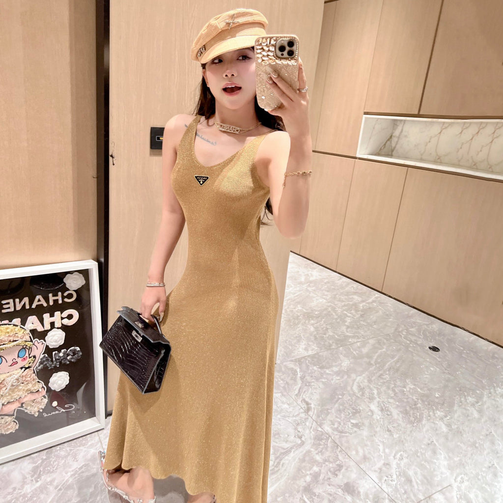 Women's Summer Gilt V-Neck Knit Halter Long Dresses #72456