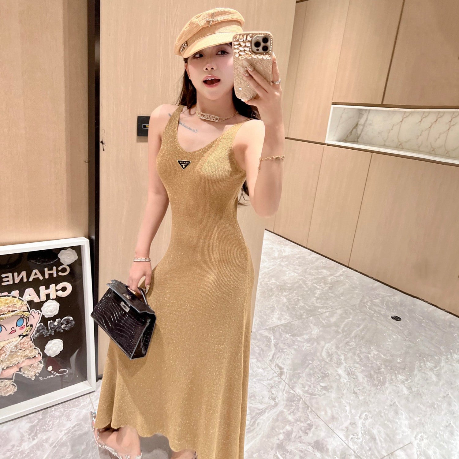 Women's Summer Gilt V-Neck Knit Halter Long Dresses #72456