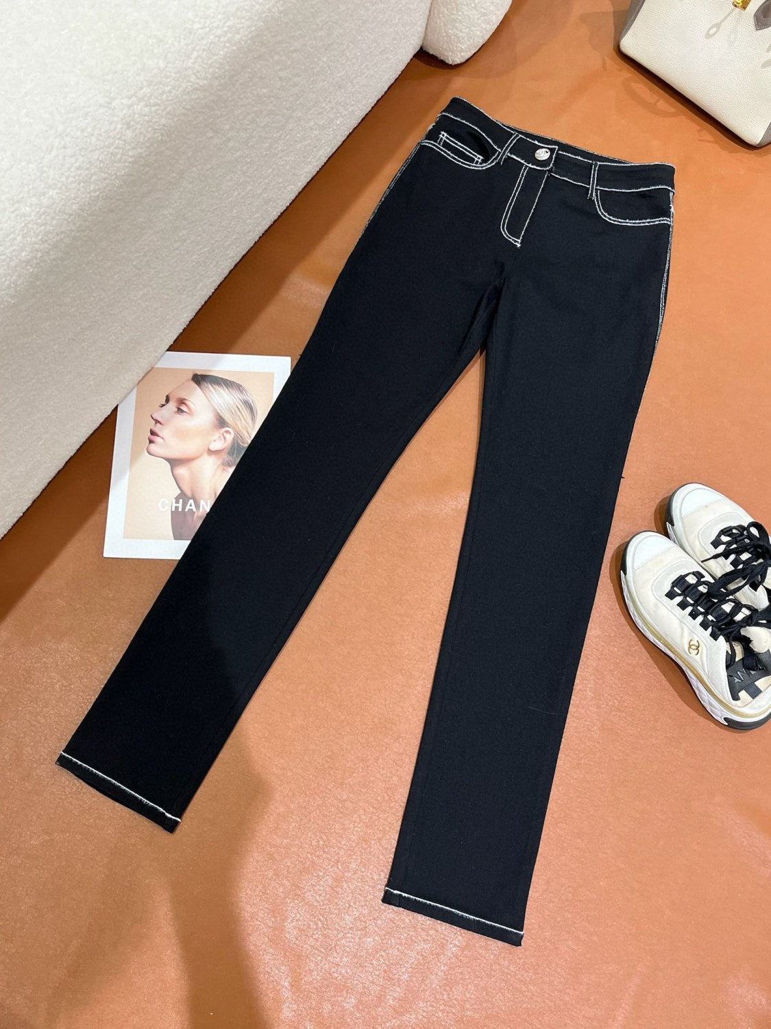 Women's Autumn and Winter Solid Color White Line Casual Jeans Pants #74131