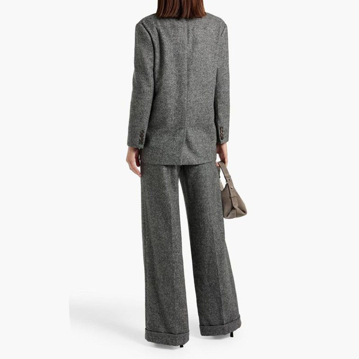 Women's Autumn and Winter Dark Grey Long Silhouette Wool Suit Jacket Straight Fashion Casual Pants Wool Suit Two Piece Set  #71685