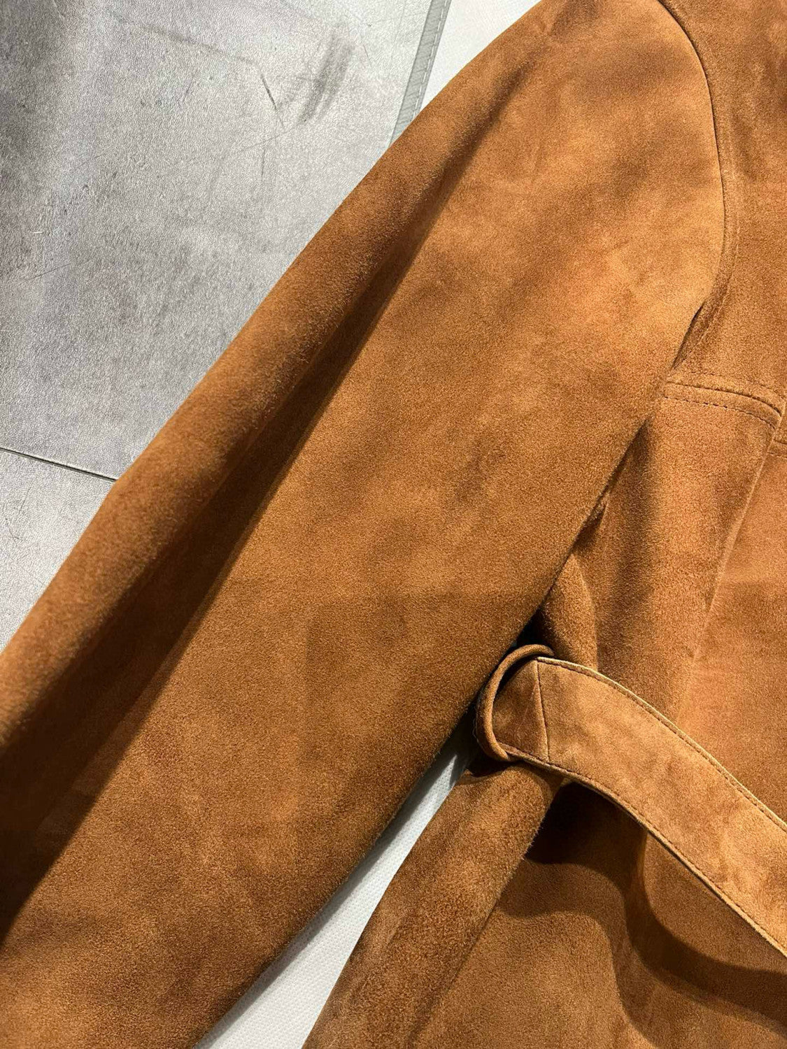 Women's Fall/Winter Brown Embossed Logo Lapel Suede Long Sleeve Jacket #98838