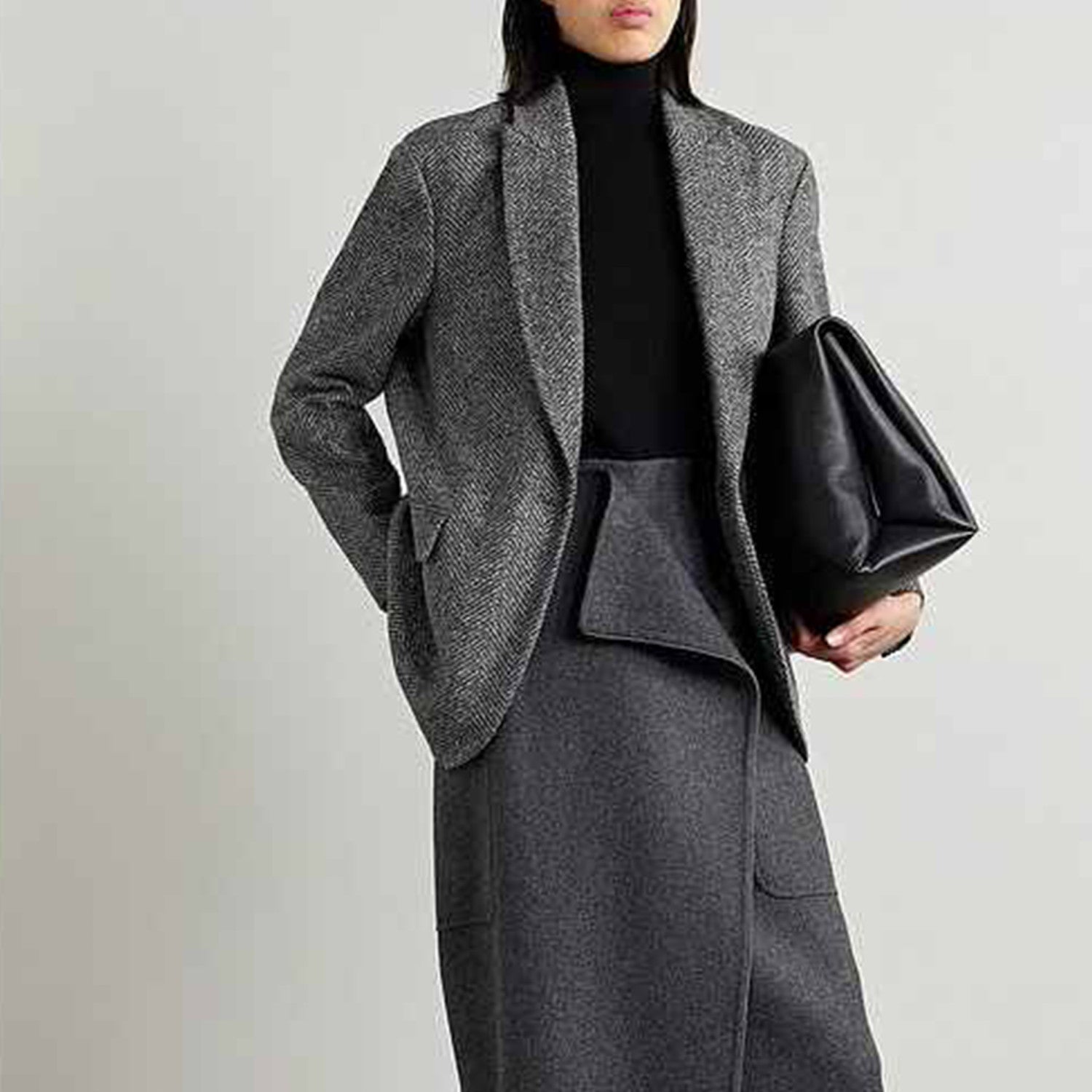 Women's Autumn and Winter Dark Grey Long Silhouette Wool Suit Jacket Straight Fashion Casual Pants Wool Suit Two Piece Set  #71685