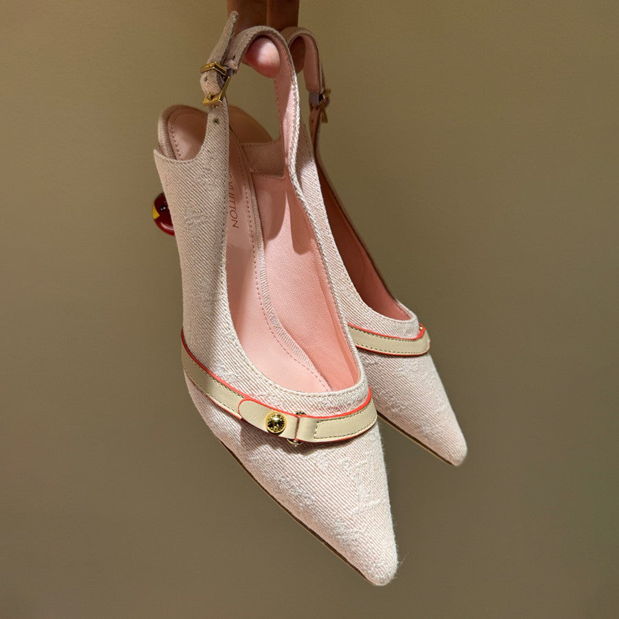 Women's Pointed Denim Print Metal Buckle Fine Heel Cherry Heel Retro Solid Color High Heels Casual Slippers Shoes #77858