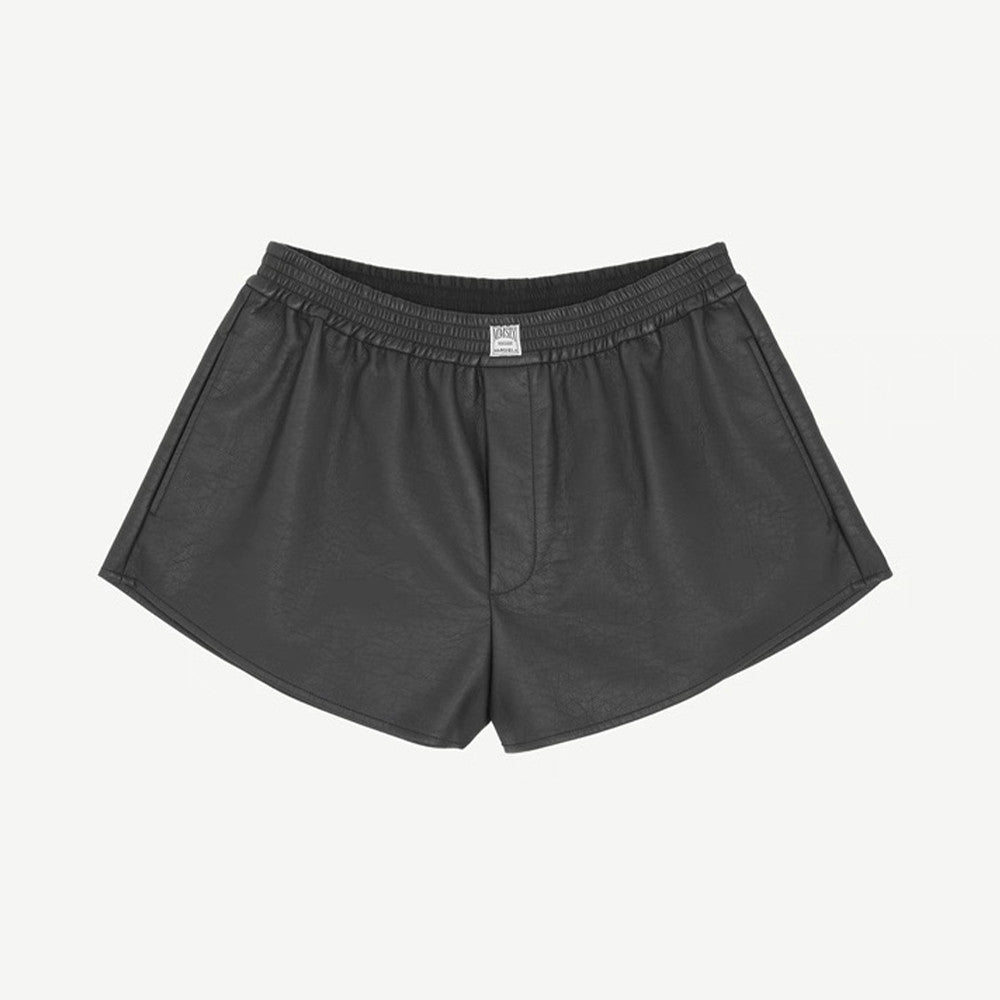 Marginal MM6 Women's Stretch Solid color Lychee texture Faux leather Shorts #194223