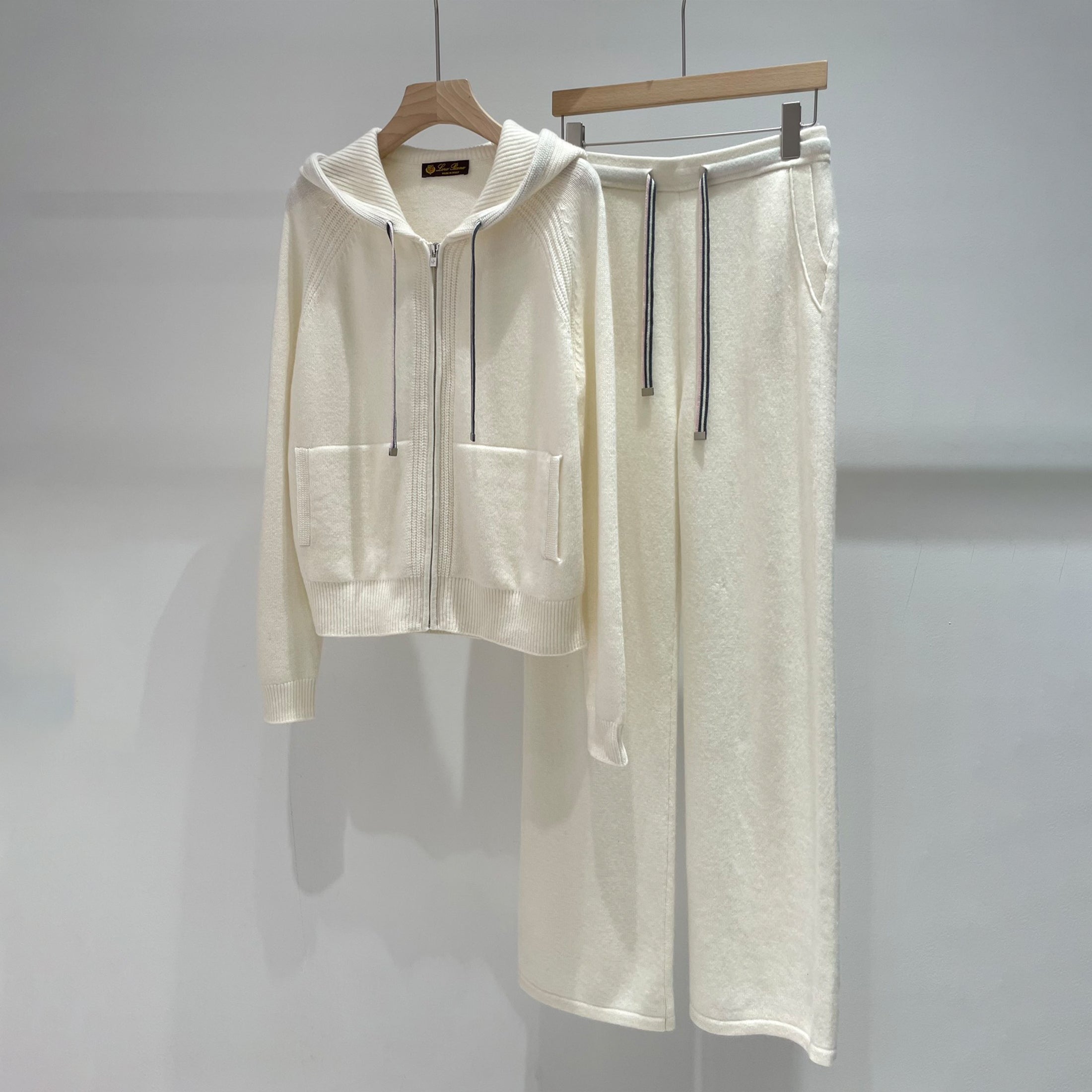 Women's Spring And Autumn Fashion Casual Knitted Drawstring Hooded Suit Long Pants Long Sleeve Solid Color Cashmere Sweater Ngvp #8772