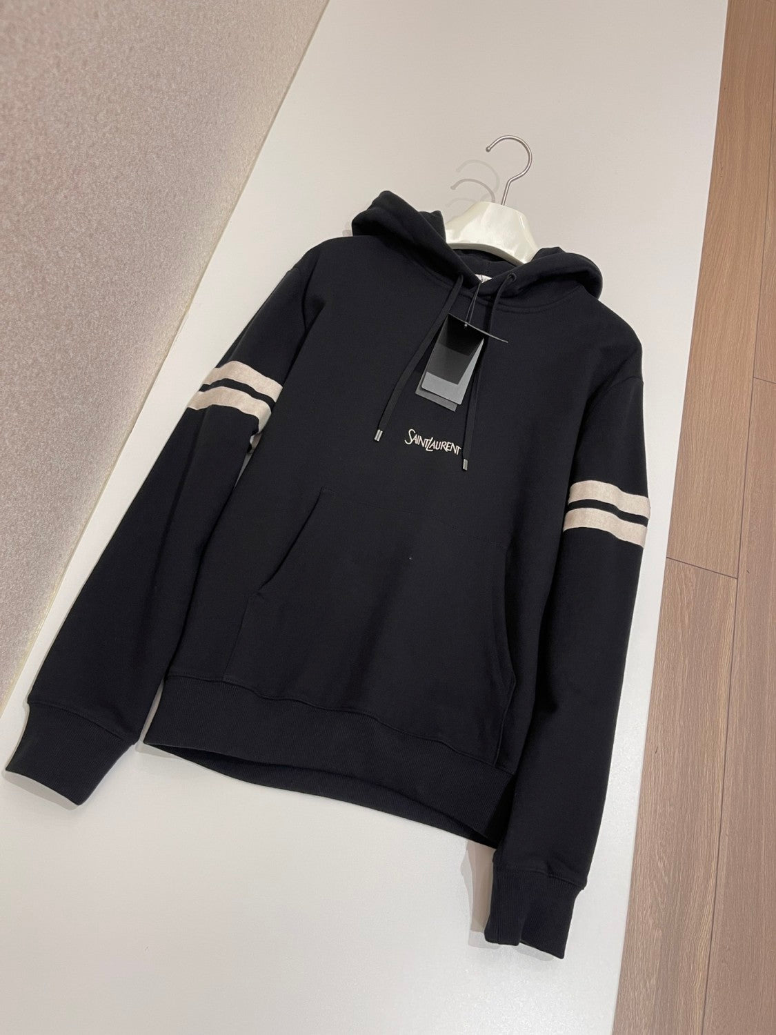 Women's Spring and Autumn Black Striped Hooded Drawstring Long Sleeve Sweatshirt Pullover #72918
