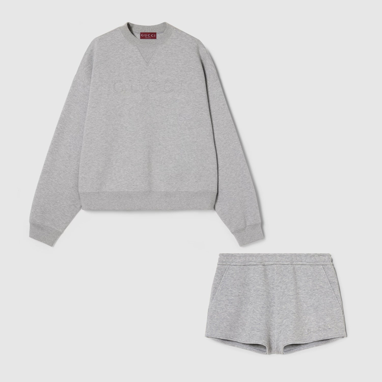 Women's Spring Summer Gray Embossed Letter Round Neck Long Sleeve Sweatshirt Cotton Shorts Set Suit #74182