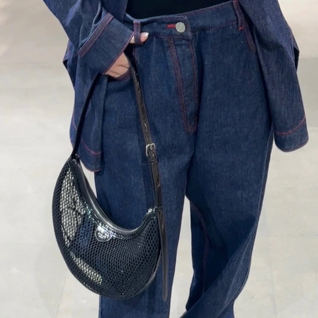 Alaia Women's Black Fishing Net Half Moon Bag Simple Elegant Zipper Underarm Bag Hollow Handbag Removable Patent Leather Inner Bag Shoulder Bags AA1S02731CA266999 Ngvp #9227