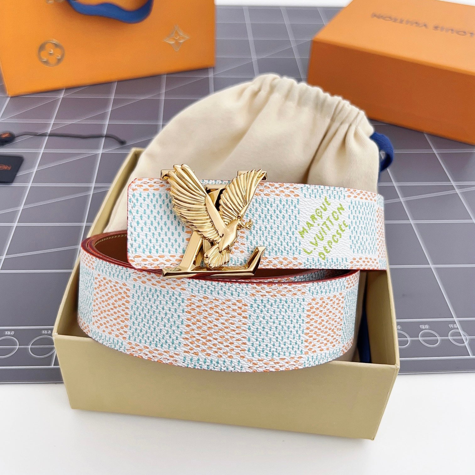 Men's Metal Eagle Buckle Color Checkered Letter Logo Leather Belt Accessory #72695