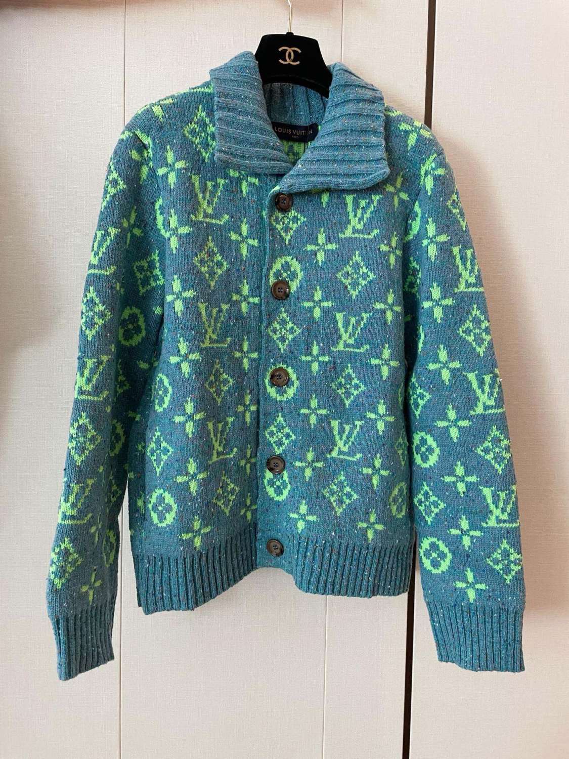 Men's Fall/Winter Green Monogrammed Pattern Knit Single Breasted Sweater Jacket #72785